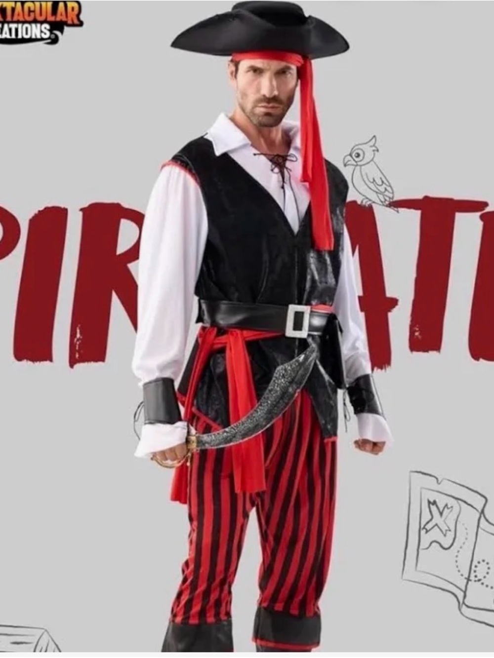 Spooktacular Creations Adult Men's Red and Black Pirate Costume: Red/Black/White